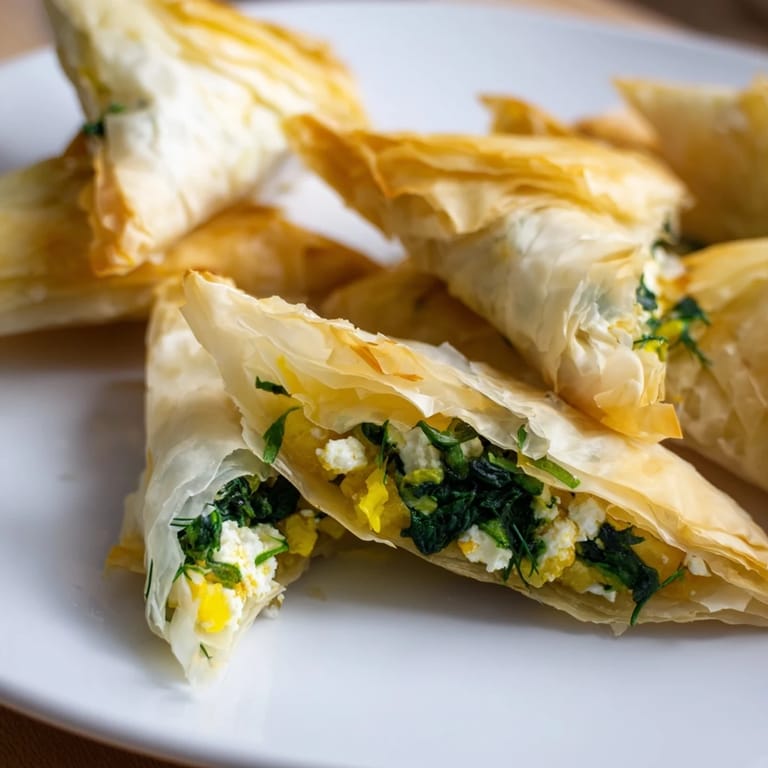 A close-up of a freshly baked Greek Spanakopita, showcasing the crispy, layered phyllo pastry.