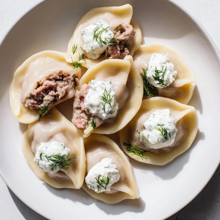 A close-up of tender Russian Pelmeni, packed with seasoned meat, showing a delicious, hearty meal.