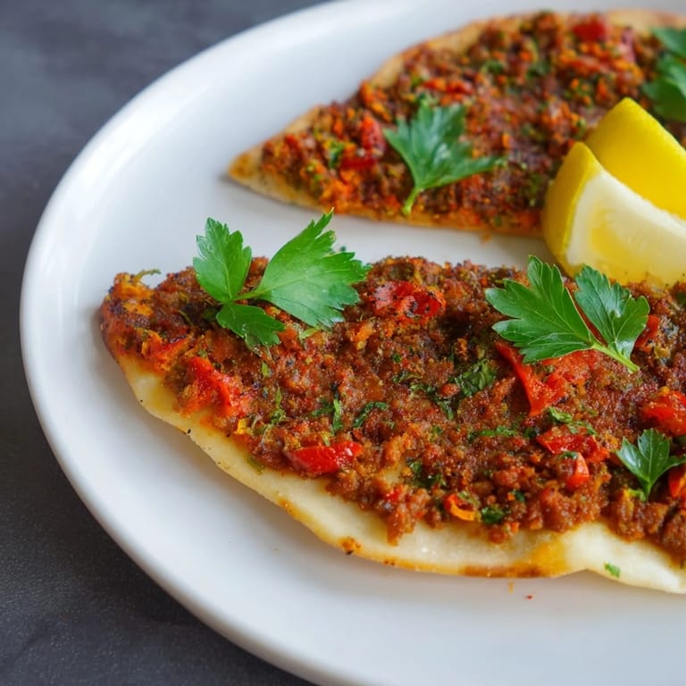 Golden-brown Turkish Lahmacun with spiced meat, fresh herbs, and vegetables ready to eat with lemon wedges.