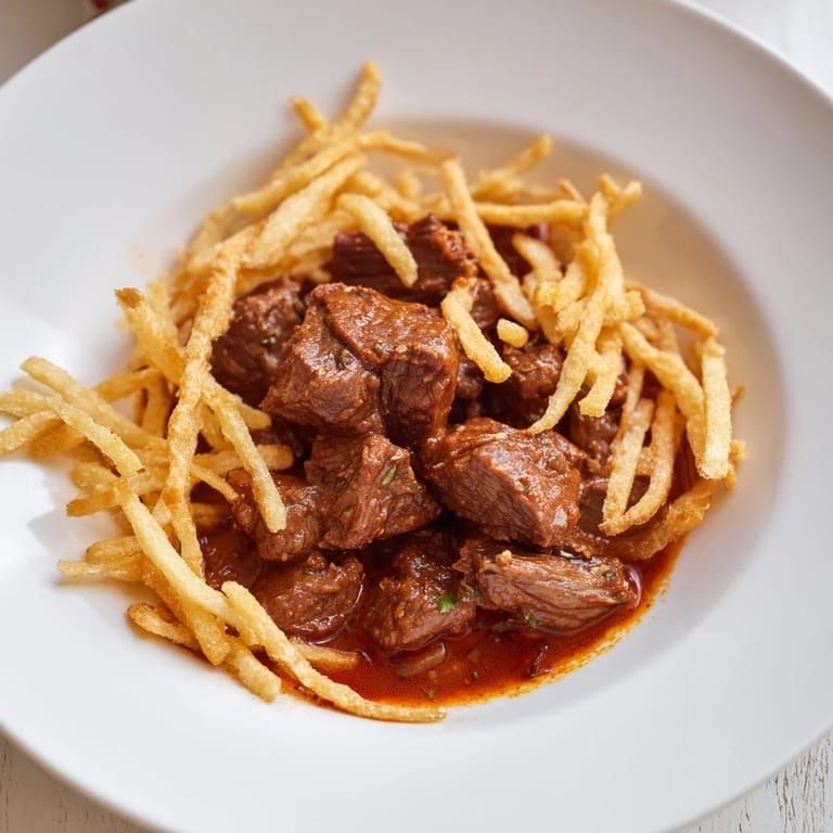Close-up of Czech Goulash Potato: tender beef in a thick paprika gravy with golden-brown fried potatoes.