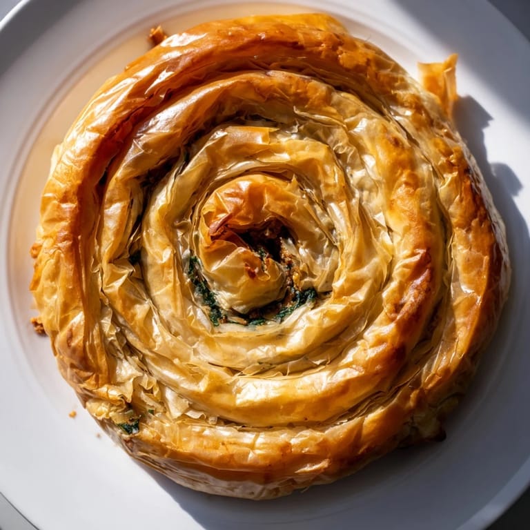 A close-up of a freshly baked Bosnian Burek, its golden crust hinting at a delicious, savory filling.
