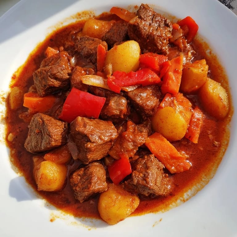 Close-up of hearty, slow-cooked Hungarian Goulash Stew with rich paprika flavor, perfect for a cozy dinner.