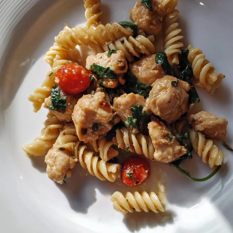 One-pan lemon herb pasta chicken dinner with grated Parmesan and fresh parsley garnish on a white plate.  