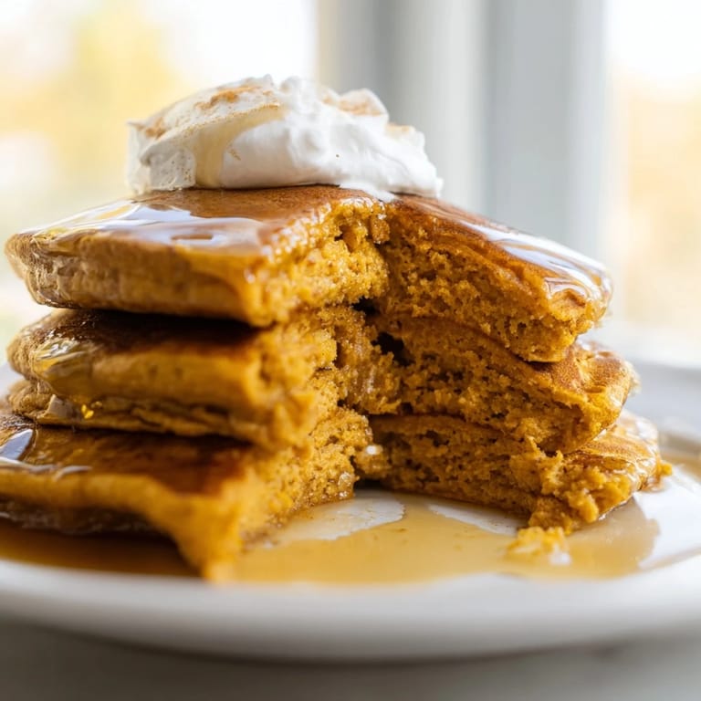 Warm pumpkin spice pancakes fresh off the griddle, served with a dusting of powdered sugar and whipped cream.