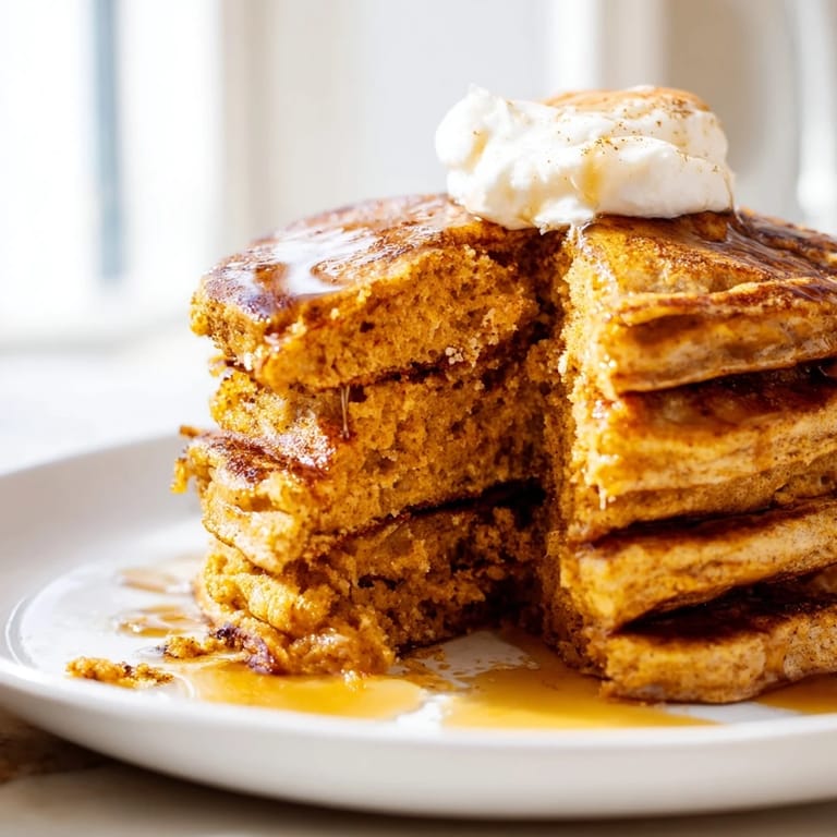 Golden-brown pumpkin spice pancakes on a white plate, garnished with chopped pecans and a drizzle of sweet maple syrup.