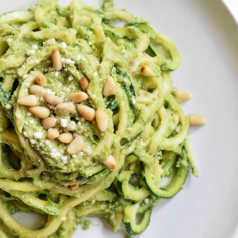 Creamy avocado pesto coats spiralized zucchini noodles, garnished with toasted pine nuts and a lemon wedge for brightness.