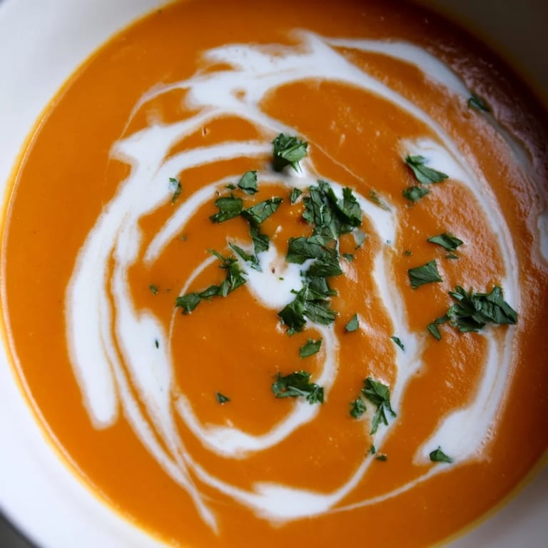 Steaming Carrot-Based Creamy Soup in a white bowl, featuring a swirl of cream and fresh chives on top.