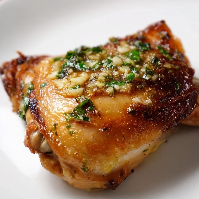 Sizzling Garlic Butter Chicken Thighs emerge from the oven, showcasing juicy meat and aromatic rosemary sprigs in buttery sauce.