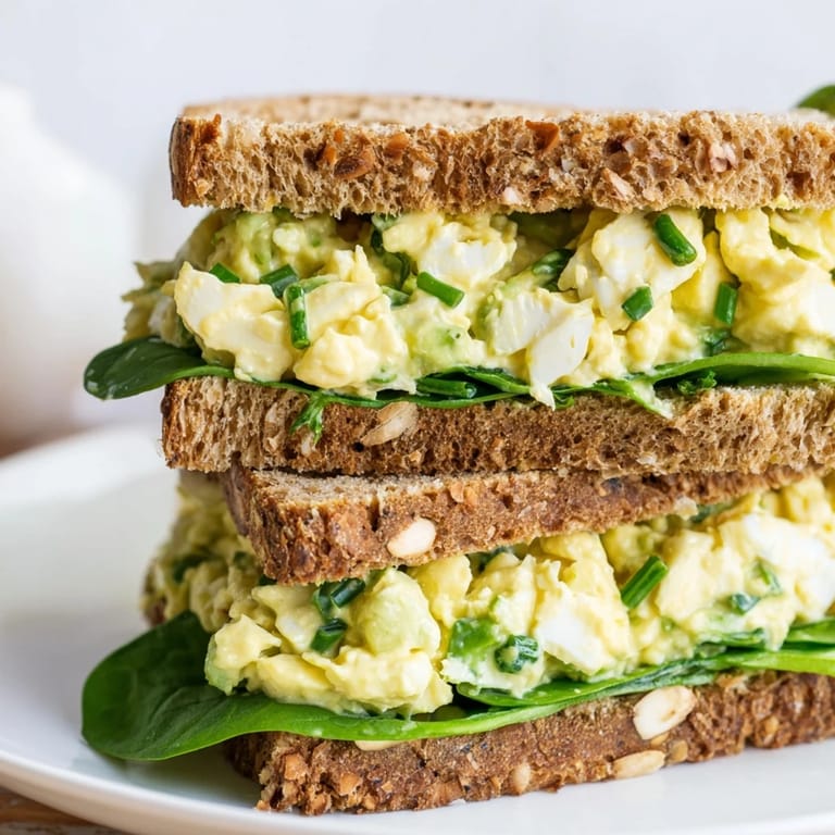 A close-up of an avocado egg salad sandwich, showing chunky egg and mashed avocado texture on multigrain toast.