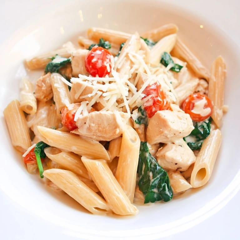 Tender, golden chicken pieces and vibrant cherry tomatoes in a luscious Greek yogurt chicken pasta sauce served over penne.