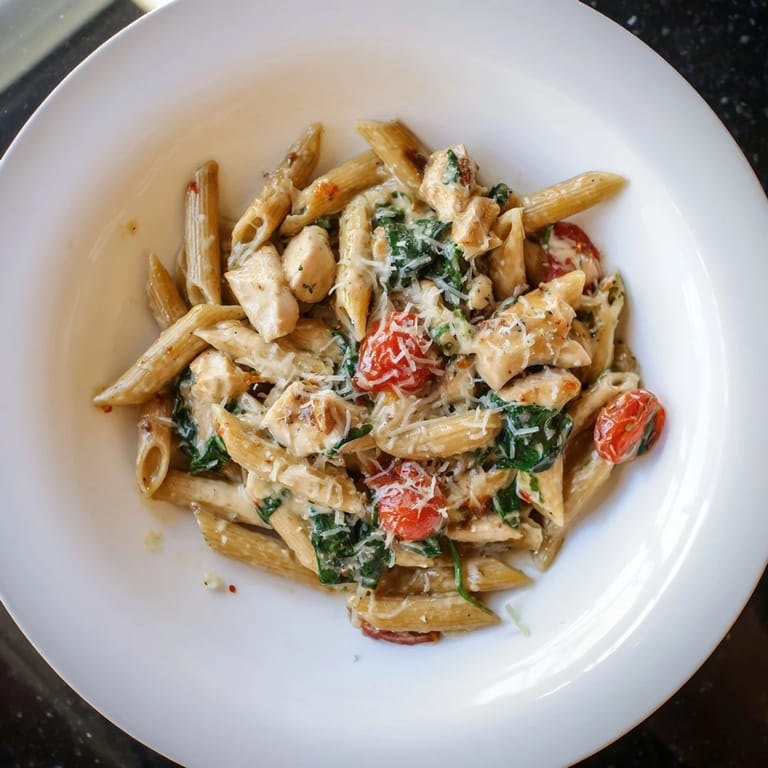 A protein-packed Mediterranean dinner featuring creamy Greek yogurt chicken pasta with wilted spinach and a bright squeeze of lemon.