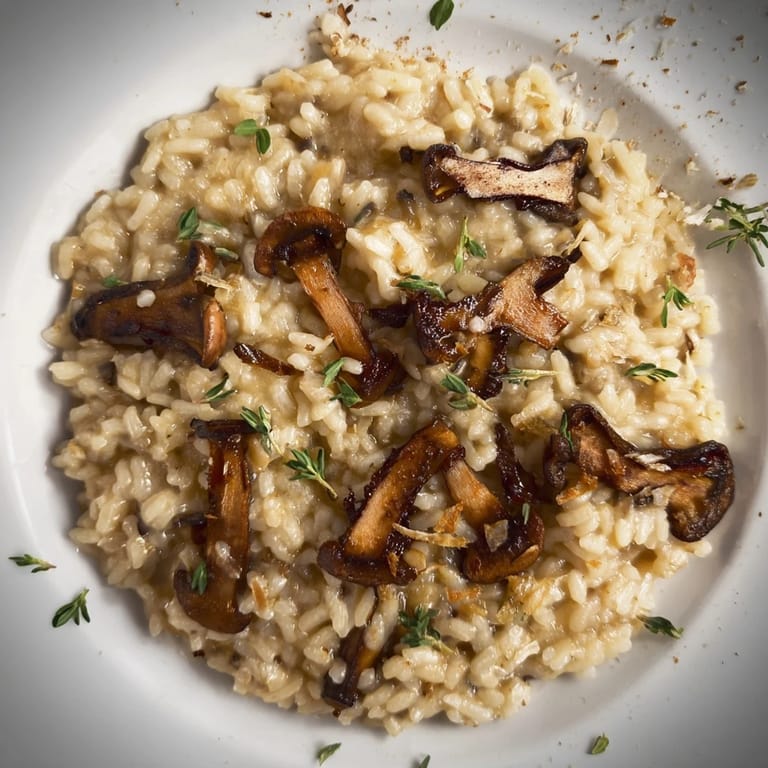 Rich and savory Roasted Mushroom Risotto featuring tender arborio rice and caramelized mushrooms in a white ceramic dish.