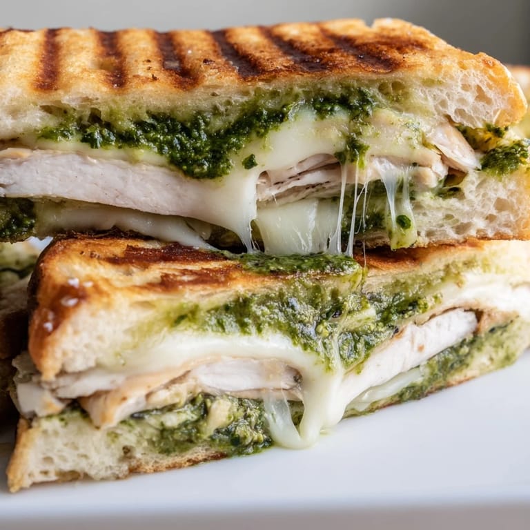 Close-up of a Chicken Pesto Panini, crispy bread crust revealing melted mozzarella and vibrant green pesto inside.