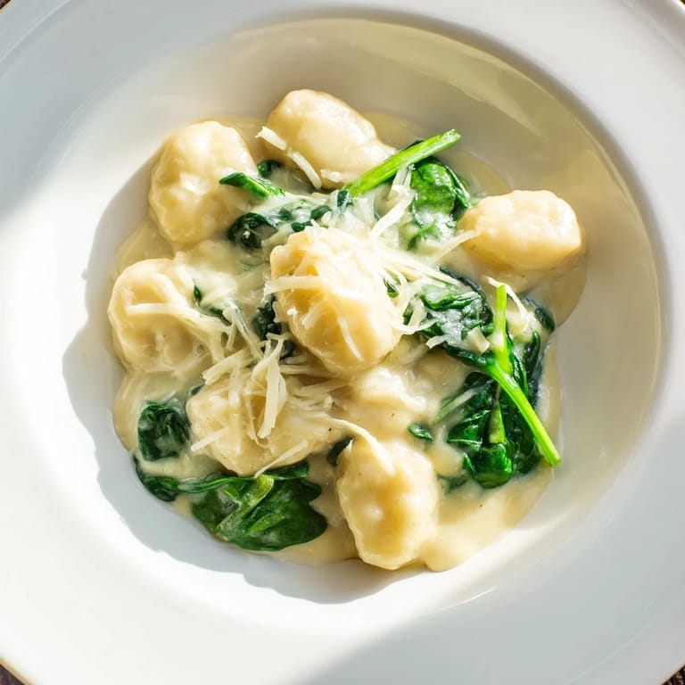 Freshly cooked potato gnocchi tossed in a luscious garlic cream sauce, flecked with bright spinach and a dusting of Parmesan.