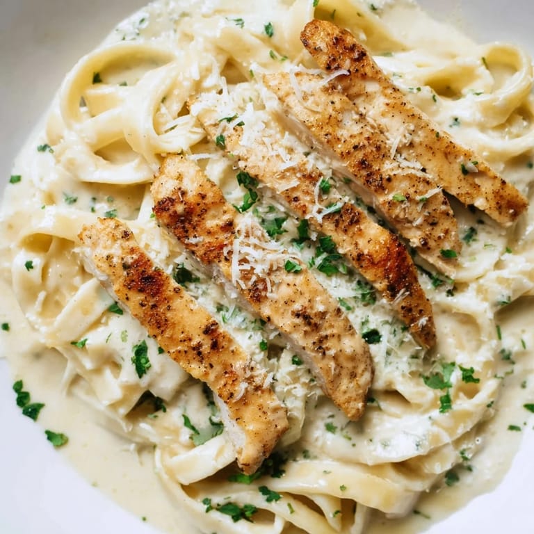Served steaming on a wooden table, this Cajun Chicken Alfredo dish features vibrant green parsley and golden noodles for a comforting meal.