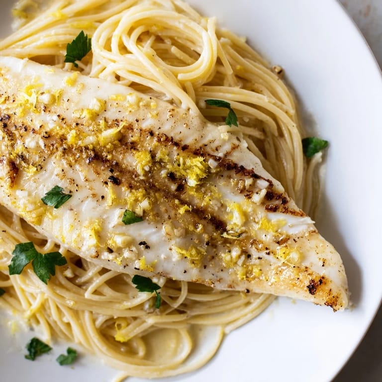 Lemon Bass Pasta plated with tender grilled fish over al dente spaghetti, tossed in a garlic-lemon butter sauce and finished with fresh herbs.