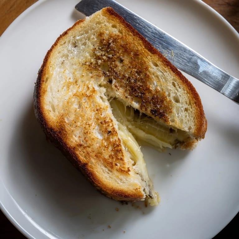A close-up of Truffle Grilled Cheese shows melted Gruyère and truffle oil glistening between toasted bread, ready to be served for lunch.