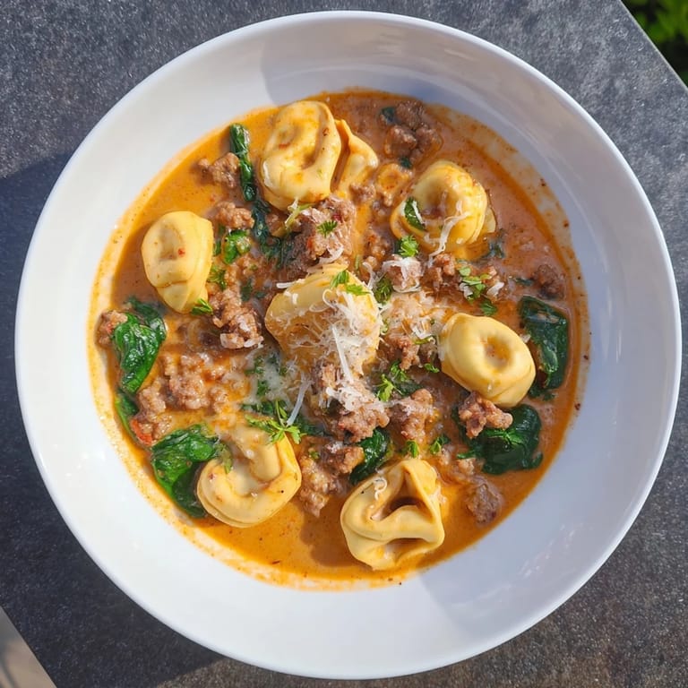 Hearty Tuscan Tortellini Soup featuring tender pasta and wilted spinach in a creamy tomato broth, topped with Parmesan.