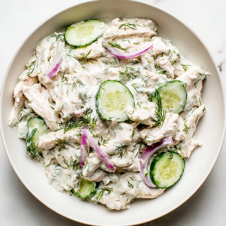 This protein-packed creamy cucumber chicken salad showcases diced chicken and sliced cucumbers in a tangy dill yogurt dressing, perfect for easy weeknight dinners.