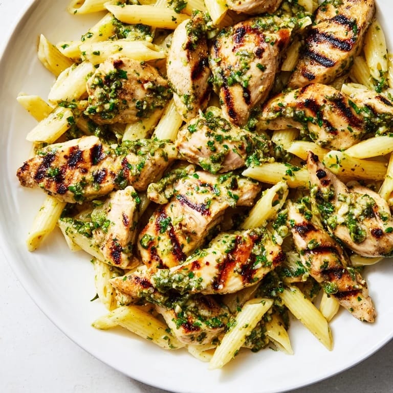 A close-up of Chimichurri Chicken Pasta highlights juicy chicken pieces and vibrant herb-packed oil over al dente noodles.  
