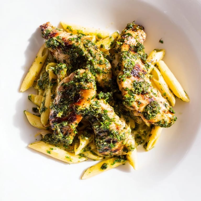 Fresh Chimichurri Chicken Pasta is served with lemon wedges, offering a zesty, aromatic fusion of Italian and Argentinian flavors.