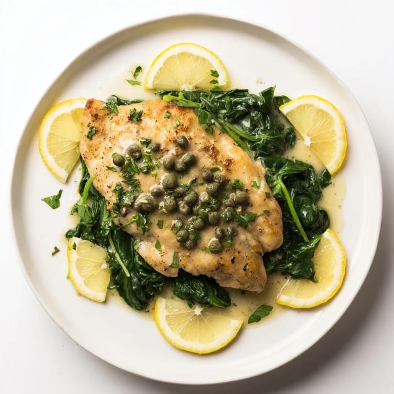 Freshly chopped parsley and lemon slices garnish tender Spinach Lemon Butter Chicken, served warm alongside creamy mashed potatoes on a rustic table.