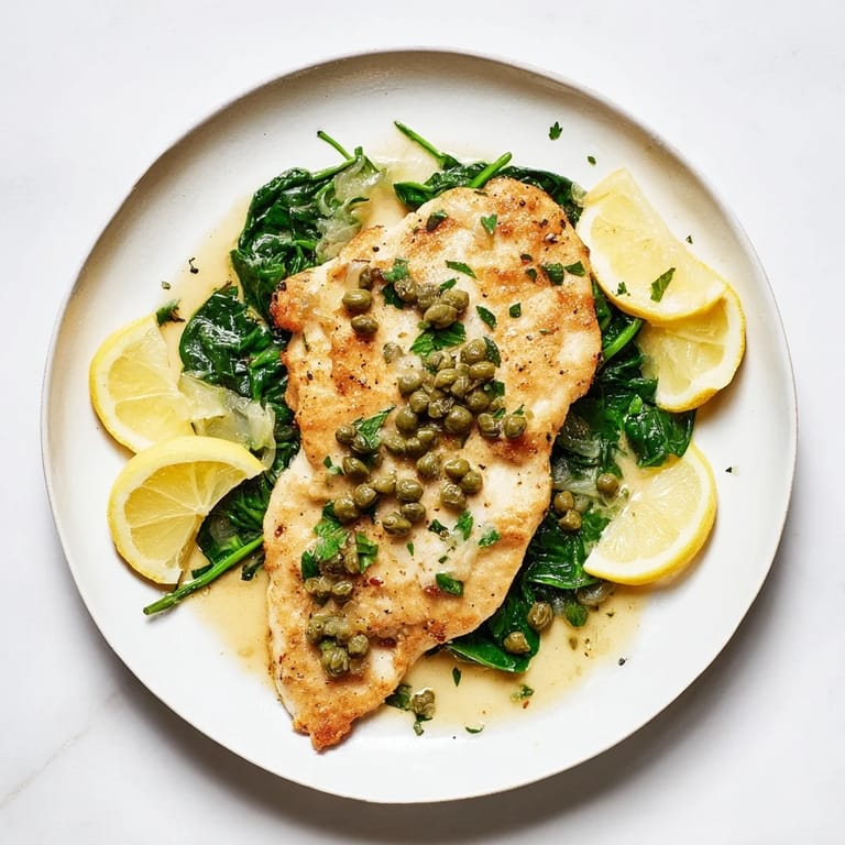 Pan-seared Spinach Lemon Butter Chicken releases aromatic steam as bright lemon butter sauce coats the golden cutlets over soft spinach.