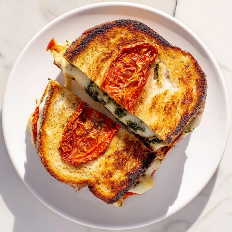 Gourmet roasted tomato pesto grilled cheese with gooey cheese and caramelized tomatoes in rustic bread.  