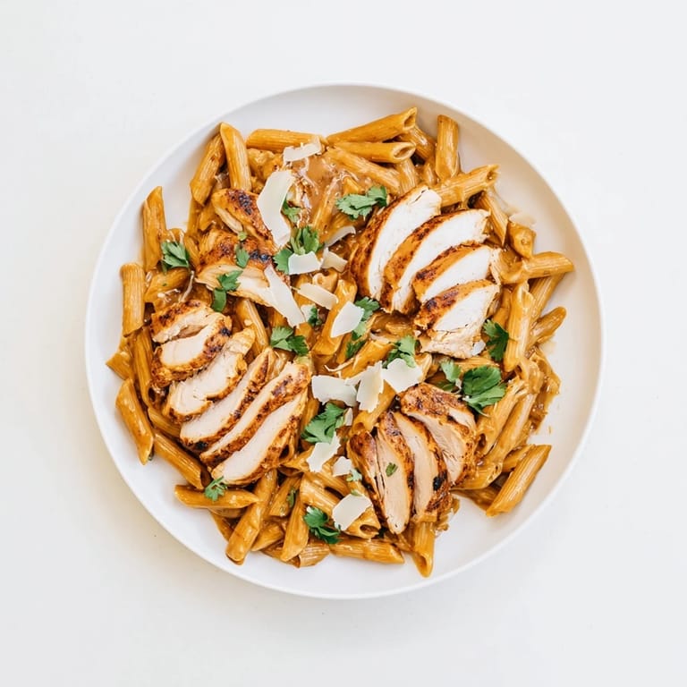 A close-up view of honey chipotle chicken pasta served on a white plate, with steam rising from the rich, glossy sauce.
