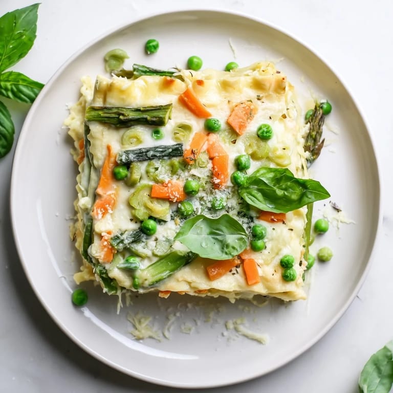Spring Veggie Alfredo Lasagna layers tender asparagus, snap peas, and spinach in a creamy, golden-baked casserole.