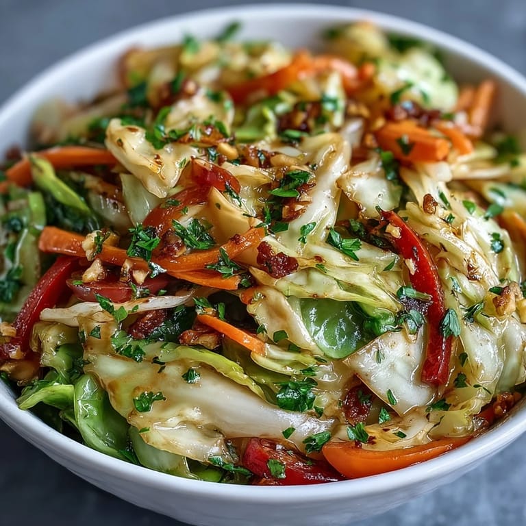 This Cooked and Loved Cabbage Salad shows tender cabbage, colorful veggies, and fresh herbs, with walnuts and feta for extra texture.  