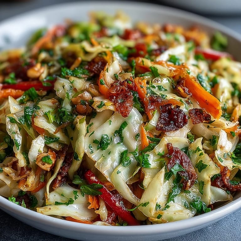 Serving a bowl of Cooked and Loved Cabbage Salad, featuring warm sautéed cabbage, bright carrots, bell pepper, and a drizzled dressing.