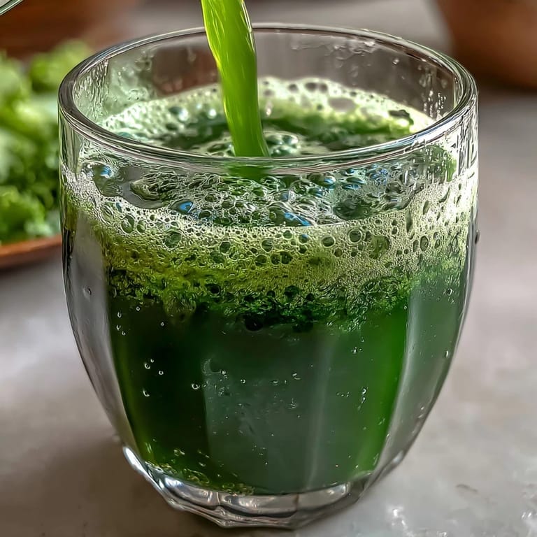 Two servings of emerald Cabbage and Kale Detox Juice sit beside fresh kale leaves and chopped cabbage on a rustic wooden table.  