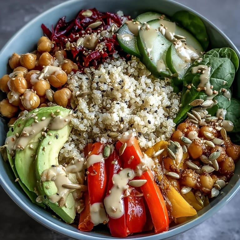 Nourishing Rainbow Buddha Bowl, artistically arranged with quinoa, chickpeas, and fresh vegetables.