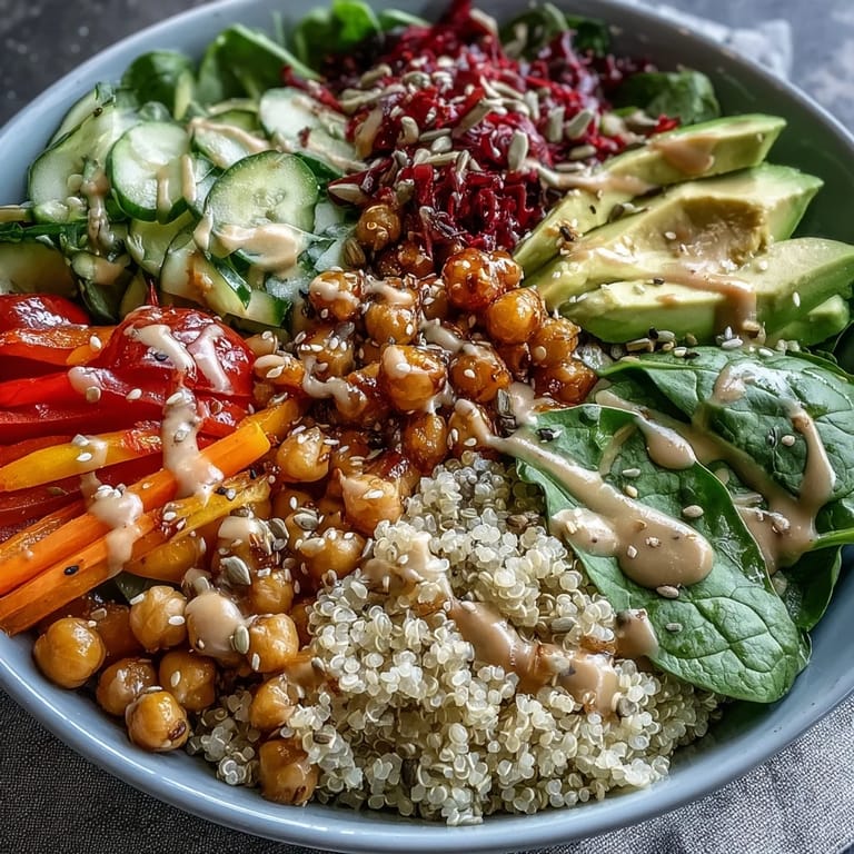 Delectable Rainbow Buddha Bowl, drizzled with tahini dressing, a wholesome, garden-fresh meal.