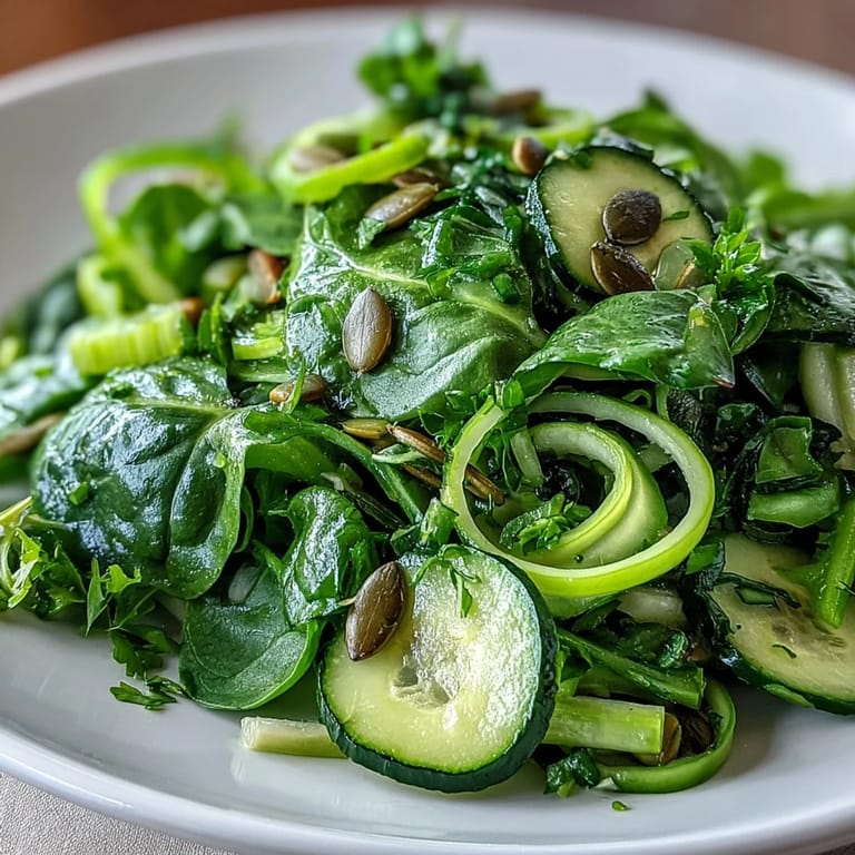 Enjoy this Glowing Green Salad with pumpkin seeds for crunch, perfect as a healthy, refreshing meal.