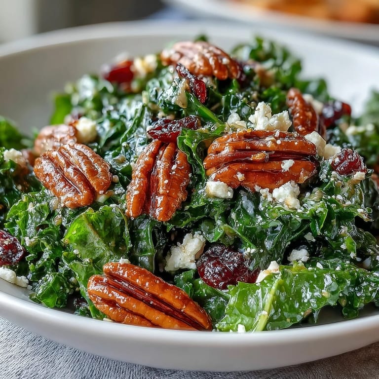Massaged kale leaves tossed in a warm maple-mustard glaze, topped with crumbled feta and crunchy toasted nuts for a cozy salad.