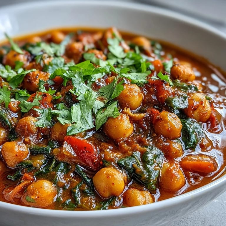 Spicy Chickpea Stew simmering in a pot, featuring tender chickpeas and diced vegetables in a rich, aromatic tomato broth.