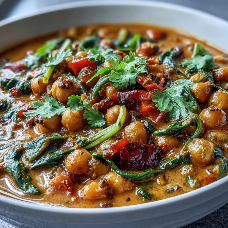 Close-up of Spicy Chickpea Stew in a rustic bowl, showcasing wilted spinach and a bright squeeze of lemon juice.