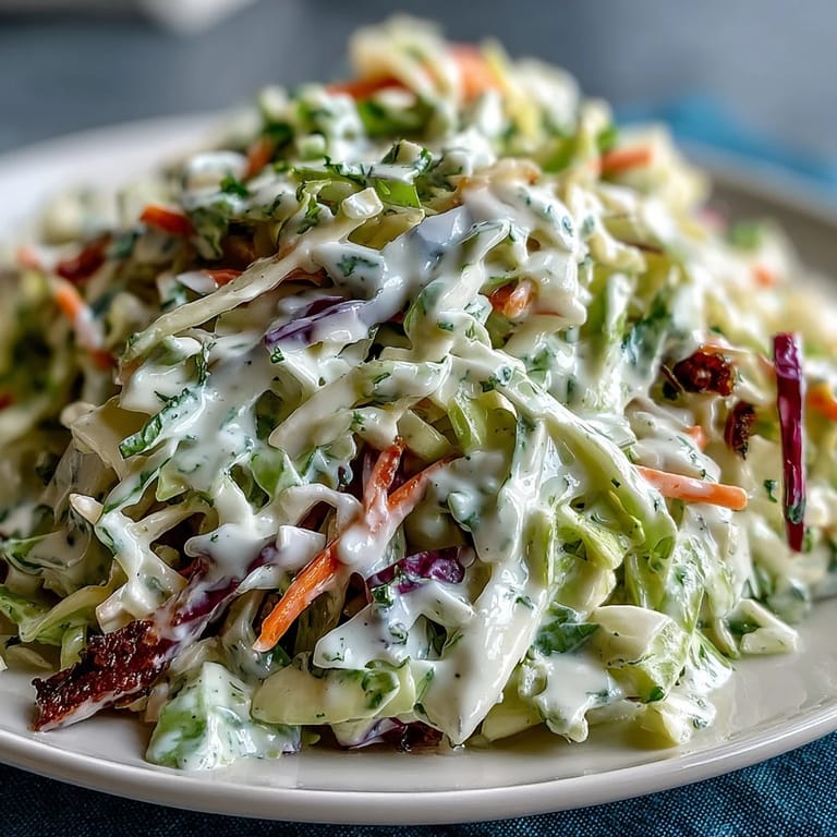 A refreshing bowl of the Best Cabbage Coleslaw, perfect as a side dish for a summer barbecue, showcasing crisp vegetables and a creamy texture.