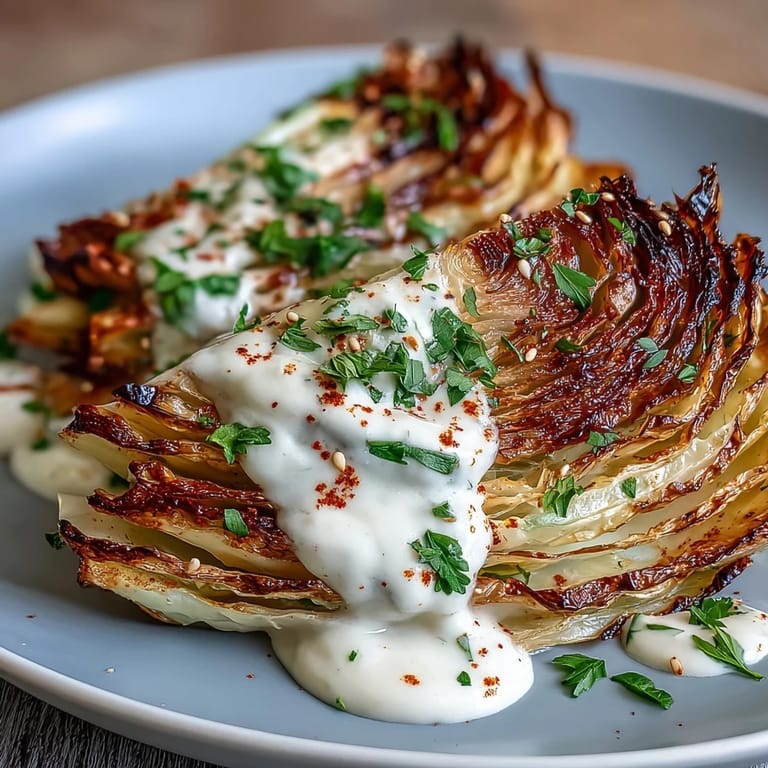 Vegan roasted cabbage wedges served warm, featuring a rich tahini drizzle and a pinch of smoked paprika for extra flavor.