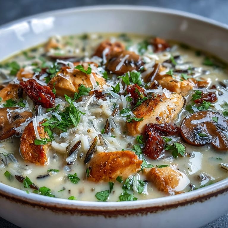 Close-up of a spoon scooping up rich Parmesan Mushroom Chicken and Wild Rice Soup.