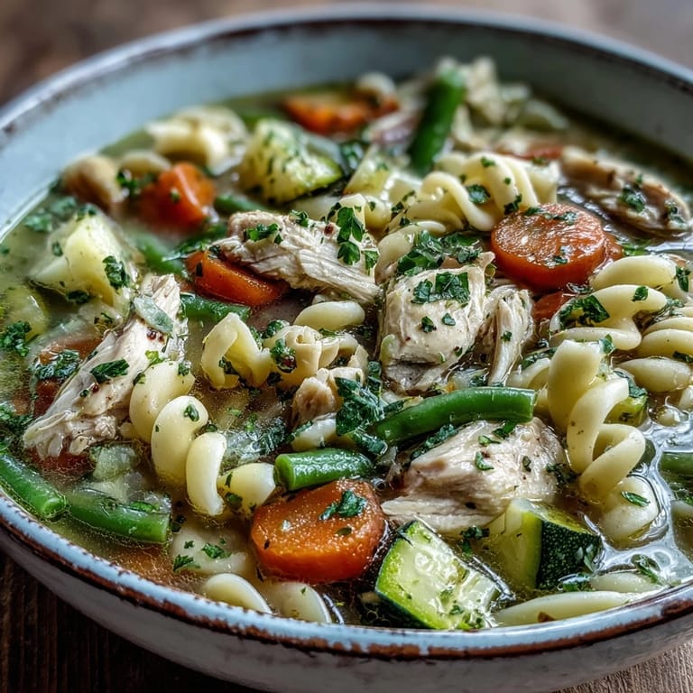 Close-up of Pasta Soup With Chicken and Vegetables featuring pasta, carrots, and tender chicken. 