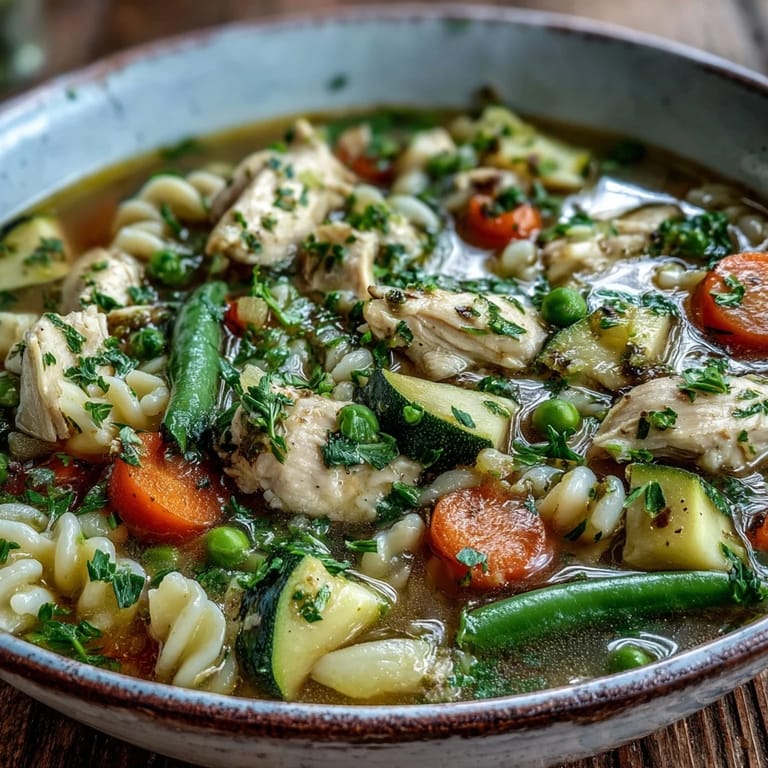 Family-style pot of Pasta Soup With Chicken and Vegetables alongside crusty bread for dipping.