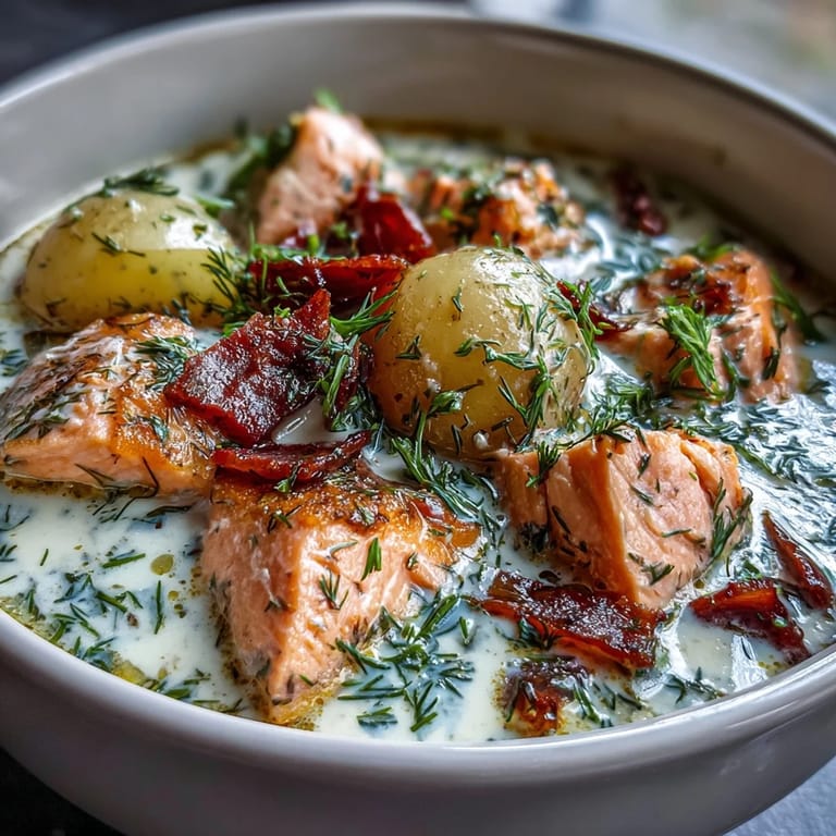 A cozy bowl of Finnish Salmon Soup with salmon chunks, root vegetables, and a swirl of cream.