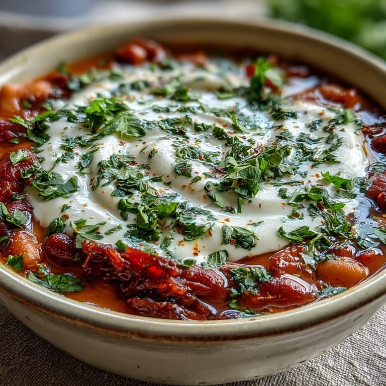 Steaming white bean soup with tomato topped with fresh basil, served alongside crusty bread for dipping.