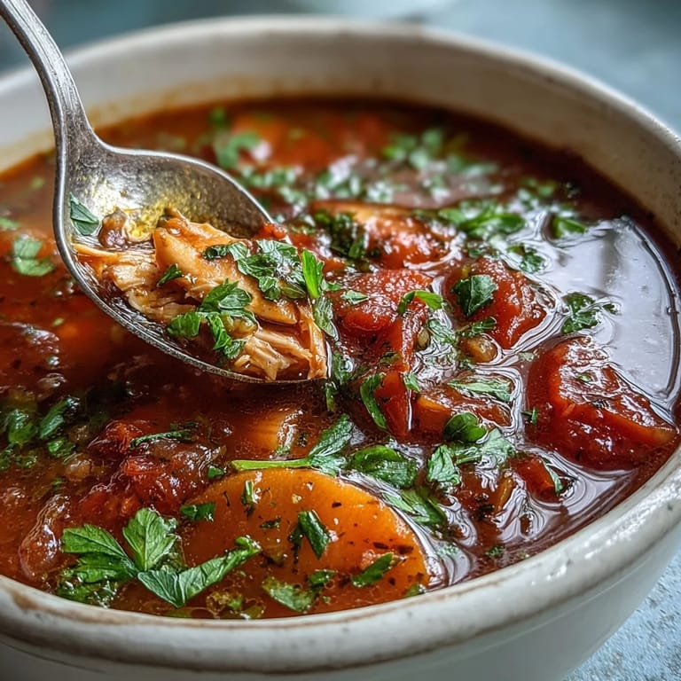 Italian-inspired Tuna and Tomato Soup simmering in a pot with carrots and celery visible.
