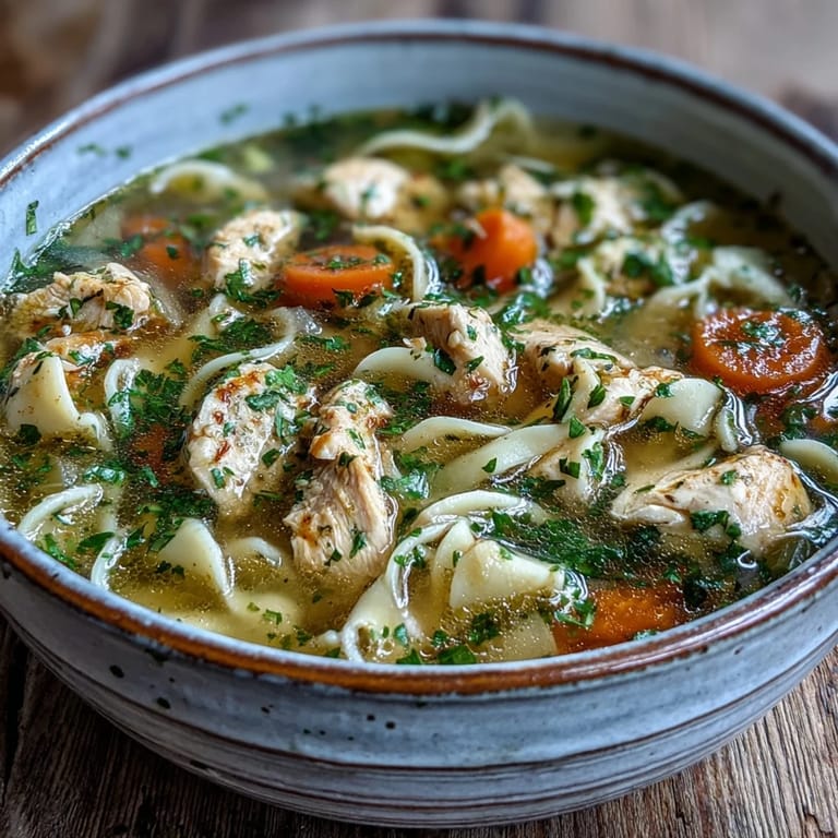Homemade Chicken Noodle Soup features hearty egg noodles and celery in a savory broth.