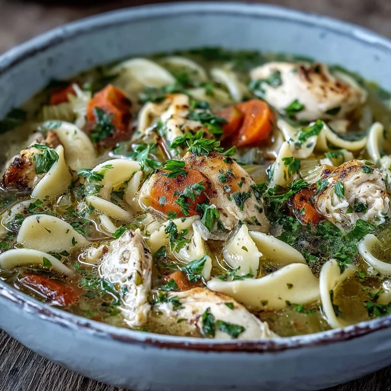 A ladle of comforting Chicken Noodle Soup is served with crusty bread on the side.