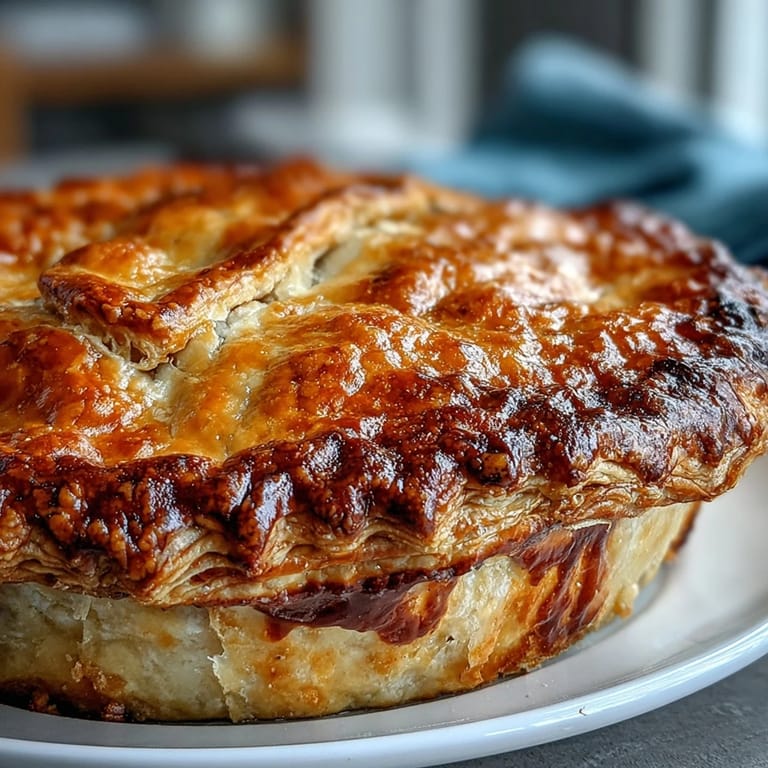 Steaming slices of Chicken and Leek Pie reveal creamy filling with leeks and bacon alongside buttery mashed potatoes on a rustic plate.